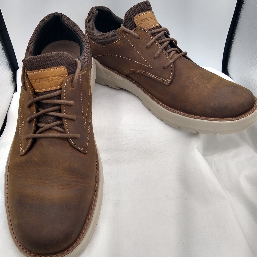 Skechers Mens 9.5Brown Leather RelaxedFit LaceUp Loafers Oxford Monk - Picture 3 of 10